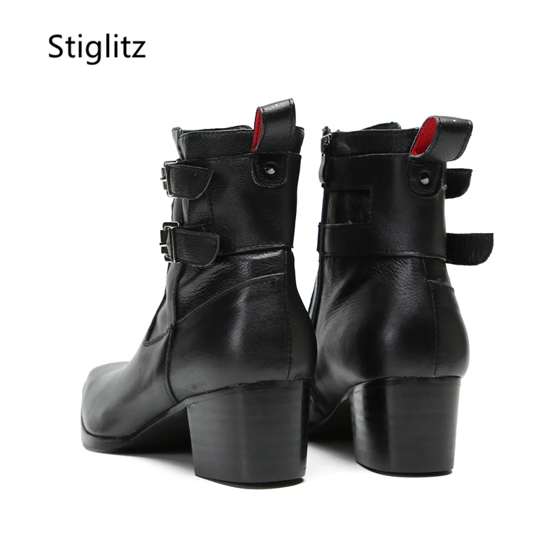 Double Buckle Ankle Men Boots Retro Casual Work Safety Boots Red Black High Heels Leather Side Zipper Business Men\'s Shoes