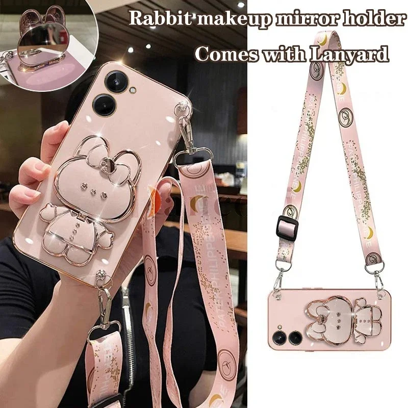 

Crossbody Lanyard Plating Phone Rabbit Holder Case For OPPO Realme 10 C30 C31 C35 9 9i 8 8i 7 7i C20 C21Y C25 C25S C15 C12 cover