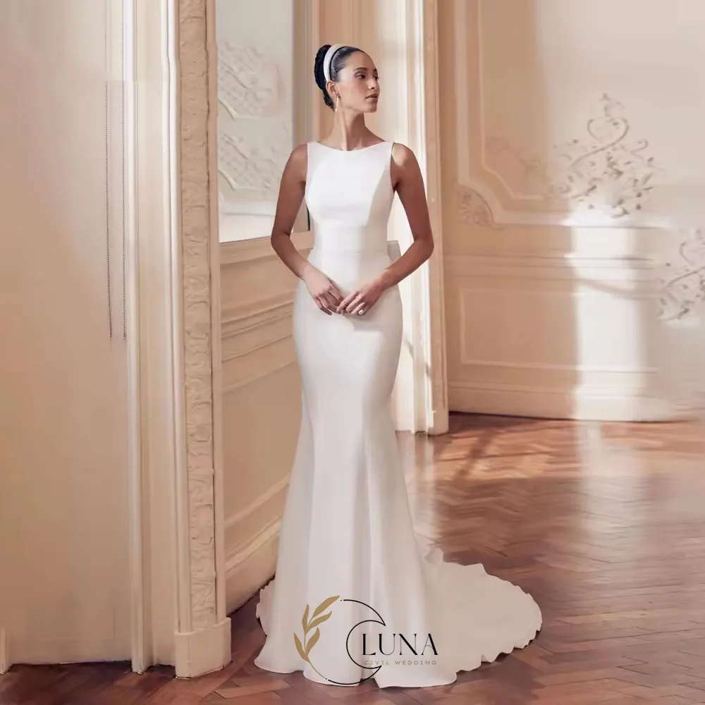 Luna Customized Simple O-Neck Mermaid Wedding Dress 2026 Sleeveless Bow Open Back Buttons Bridal Gown Vestidos De Novia