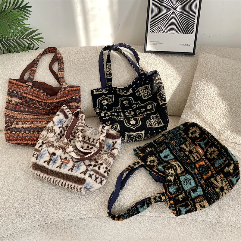 

Набор из 3 женских сумок: плюшевая сумка-ведро с принтом листьев и оленей, вертикальная модель