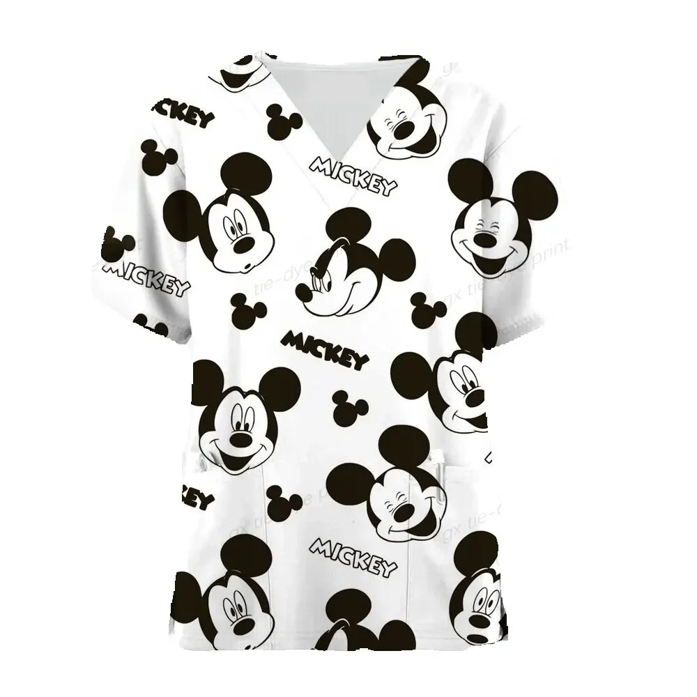 Miniso Disney Mickey Mouse 3DPrint Nurse Medical Uniforms V-neck Short Sleeve Pocket Workwear Scrubs Medical Accessories Uniform