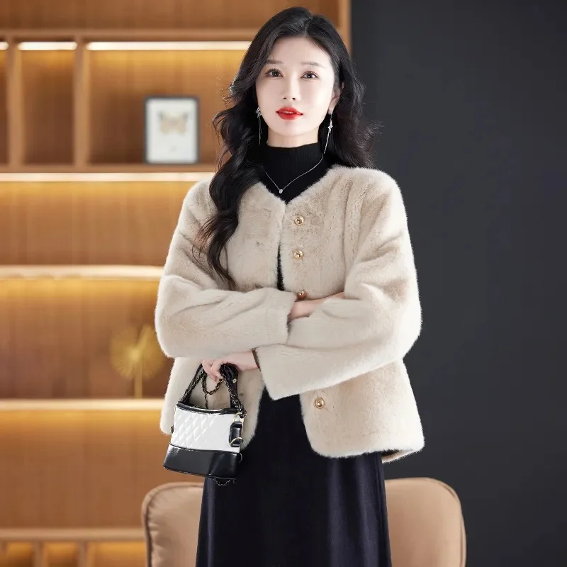 Winter Women High End Long Sleeves Faux Fur Coat Korean Femme Fashion Leisure Fur Tops Jacket 2025 Lady Round Neck Plush Outwear
