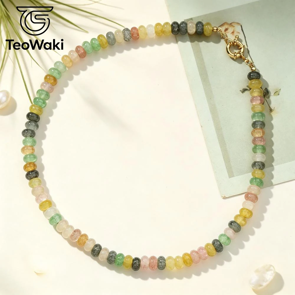 TeoWaki Natural Stone Dainty Green Multicolor Crackle Crystal Flat Beads Necklace Steering Wheel Collarbone Accessory Gift 40cm