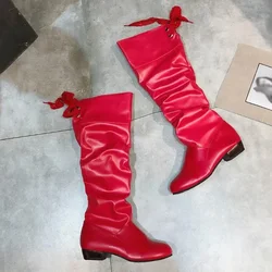 2025 New Fashion Woman’s Autumn Winter Boots Female Stretch PU Leather Shoes Woman Red White Roma Style Knee-Length Plus Size 43