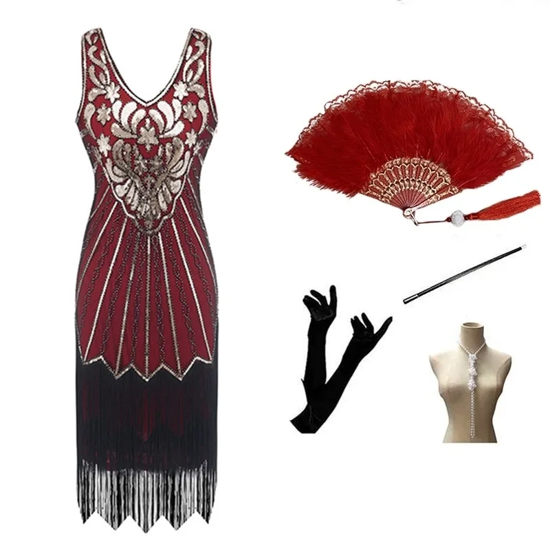 4 stück Fan Zubehör Set 1920s Flapper Vintage Pailletten Quaste Great Gatsby Cocktail Party Tanz Kleid