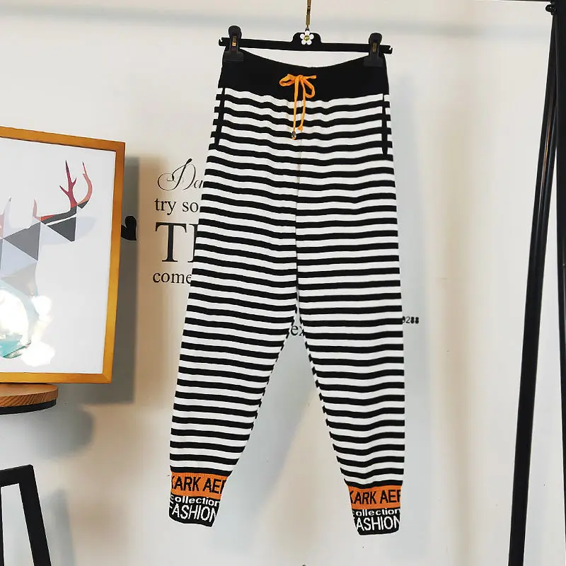 KUSAHIKI Hit Color Knitted Striped Letetrs Harem Pants Lace Up High Waist Women Trousers Causal 2023 Spring Autumn Sweater Pant