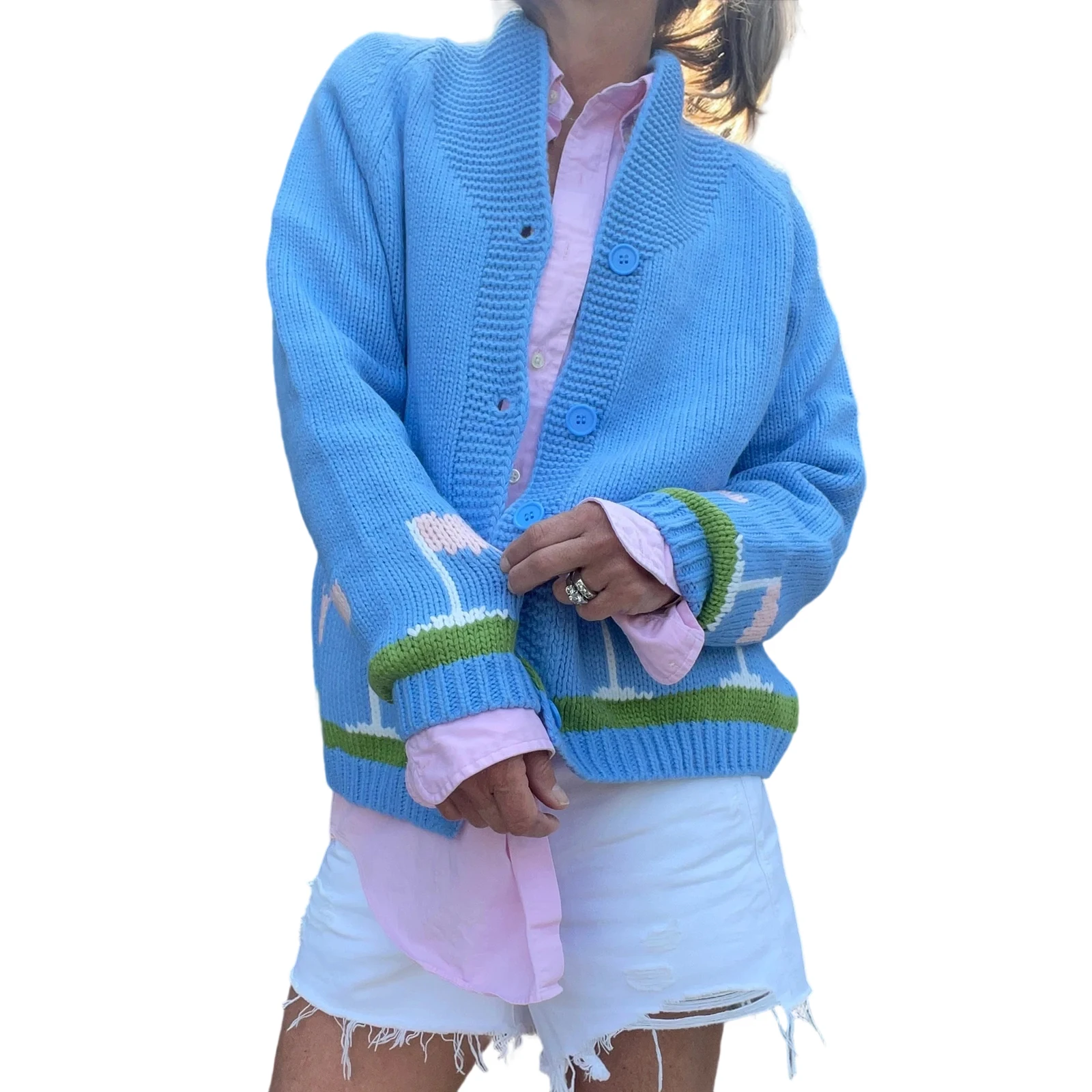 Women s Autumn Loose Cardigan Sweater Golf Car Heart Print Long Sleeve Round Neck Button Down Knitwear