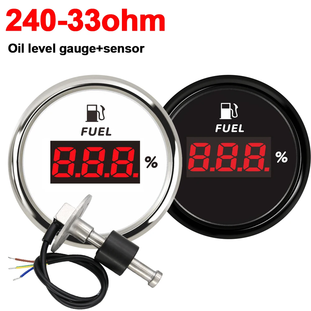 

240-33Ohm 52MM Digital Fuel Level Gauge+100-600mm Oil Level Sensor Red Backlight Oil Tank Level Indicator Meter for Car Boat