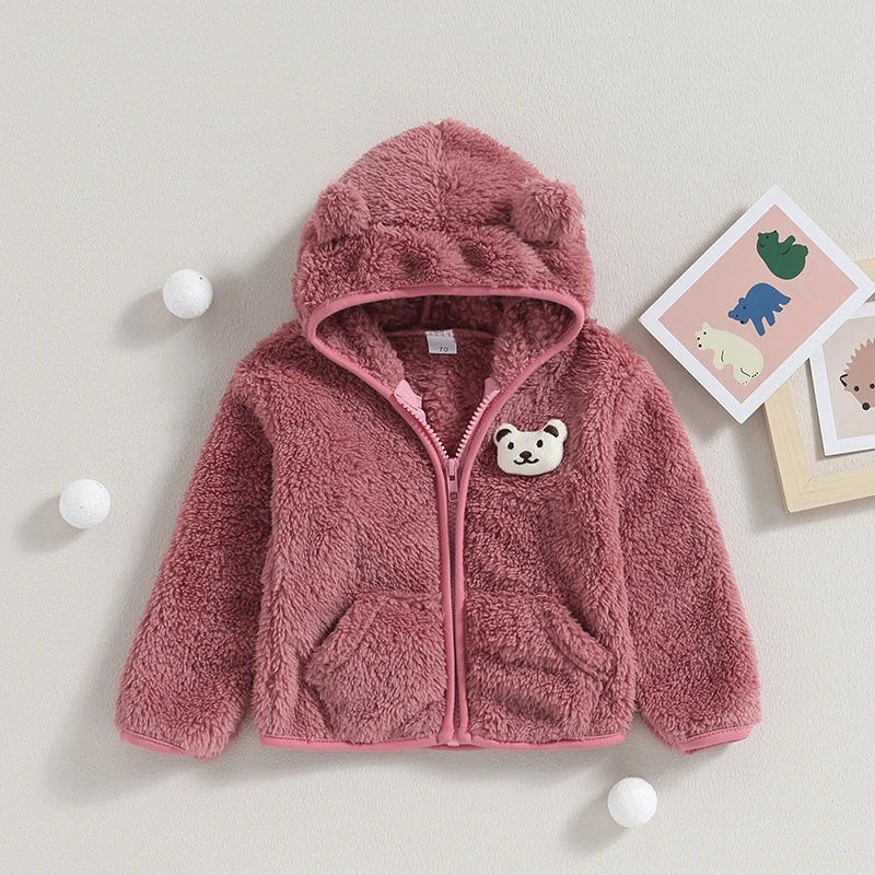 Baby Boy Girl Fuzzy Jacket Winter Clothes Long Sleeve 3D Bear Zipper Cardigan Sweatshirt Closure Fleece Tops Coat Kids Outerwear