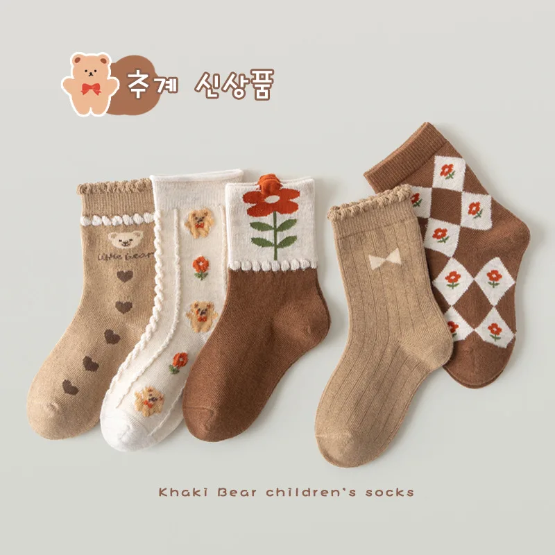 

Kids Socks Warm Cotton Autumn Spring Socks Girls Calf Length Coffee Khaki Bear Socks Baby Sock