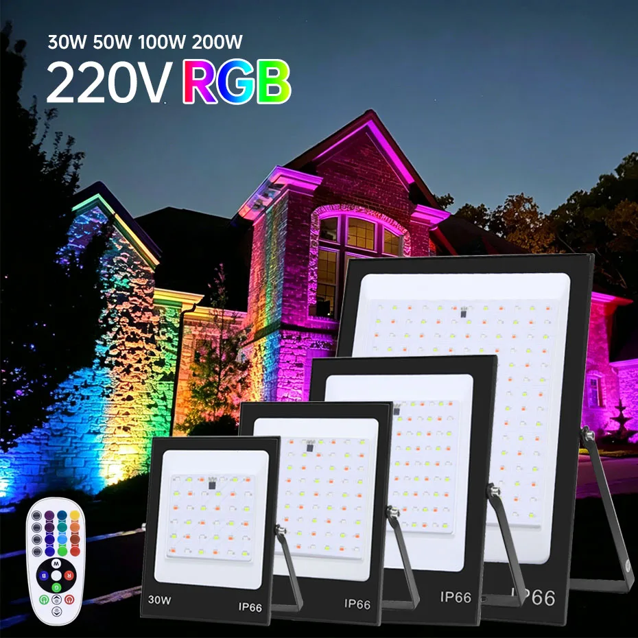 Ultra Thin RGB LED Flood Light 30W-200W AC220V IP66 Waterproof Outdoor Spotlight with Remote Control for Wall Street Lighting