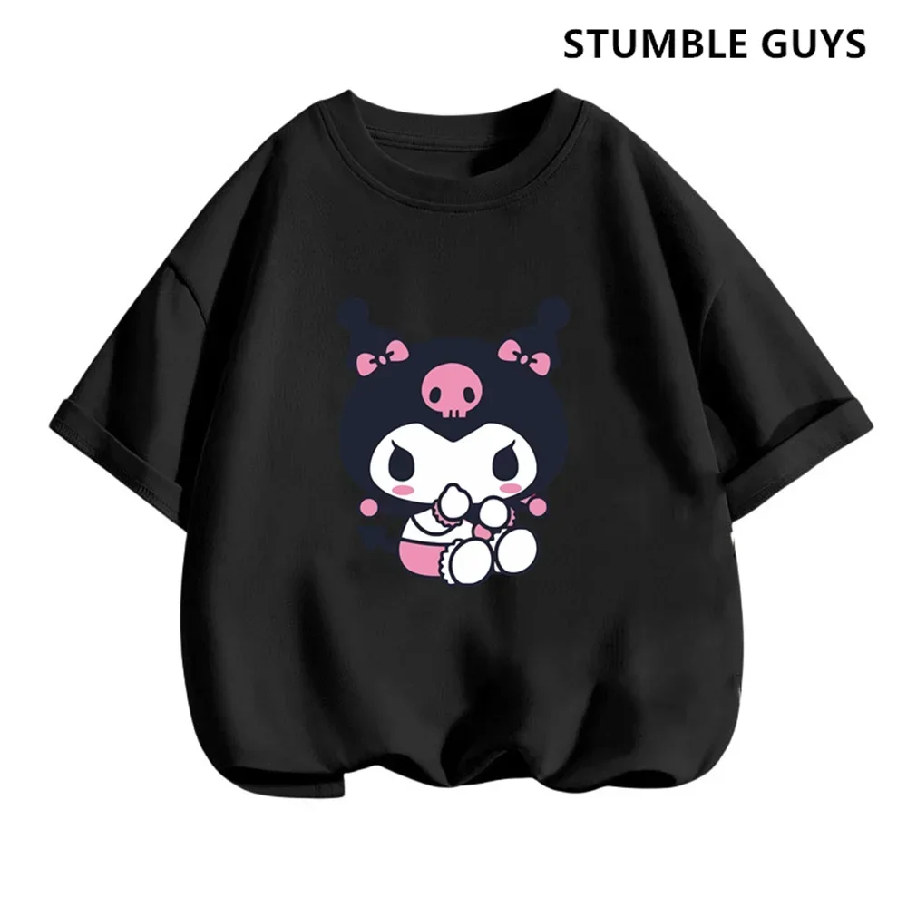 Summer New Kawaii Kuromi T-shirt 3-13 Year Old Children\'s Cartoon Anime Pattern Children Girls and Boys Short Sleeves Trucksuit