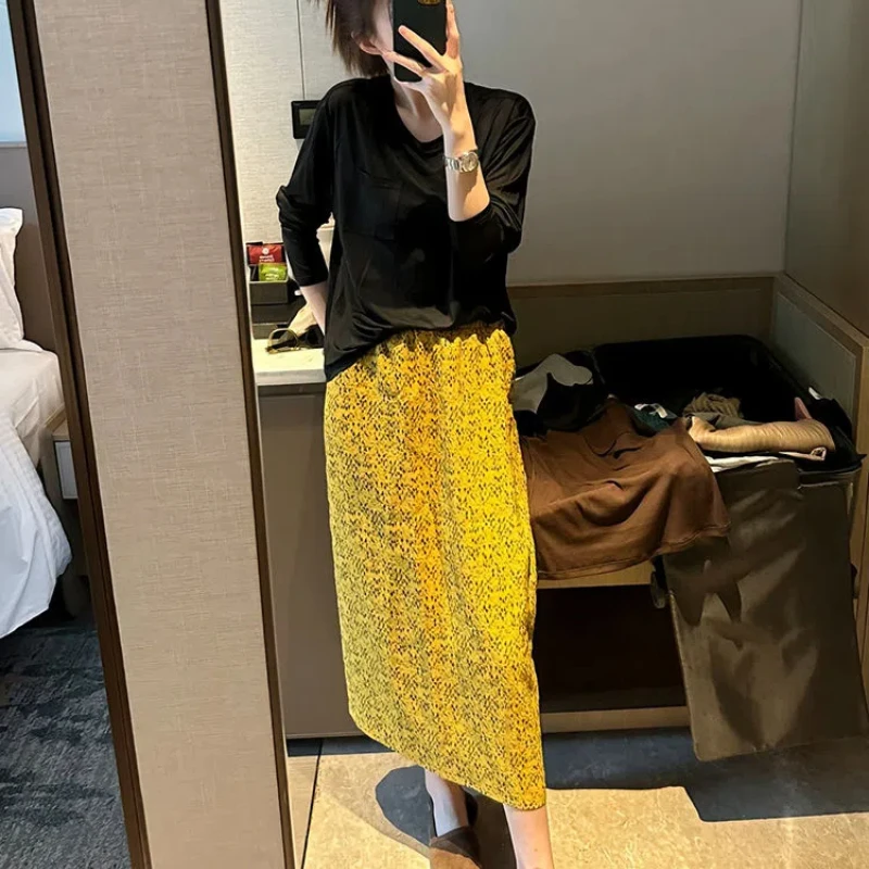 

French Retro High Waist Slim A-line Hip Skirt Bright Yellow Slit Floral Skirt for Women New Style