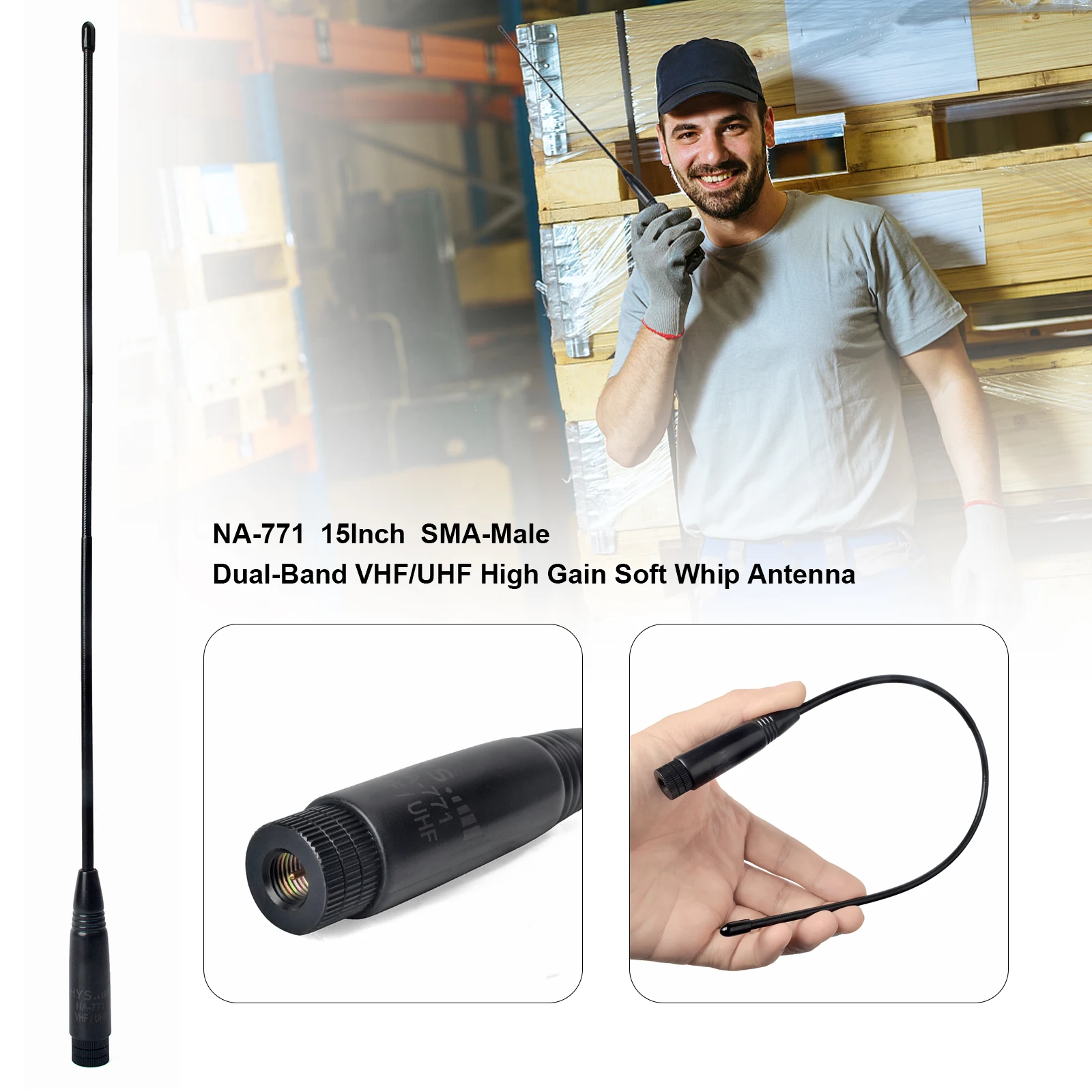 HYS SMA-Male VHF/UHF 144/430MHz Dual Band Whip High Gain flexible Antenna for YAESU VX-1R VX-2R BaoFeng BF-UV3R Walkie Talkie