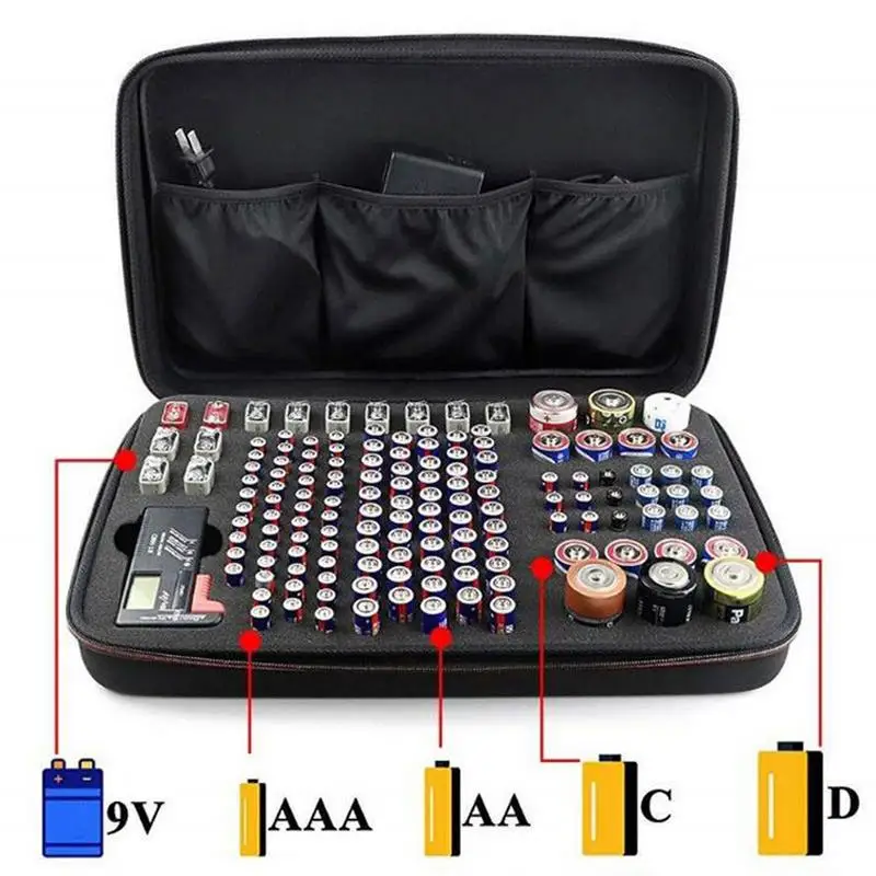 Black Battery Storage Organizer EVA Battery Organizer Bag With 3 Compartments Hold 147 Various Batteries Waterproof Hard Battery