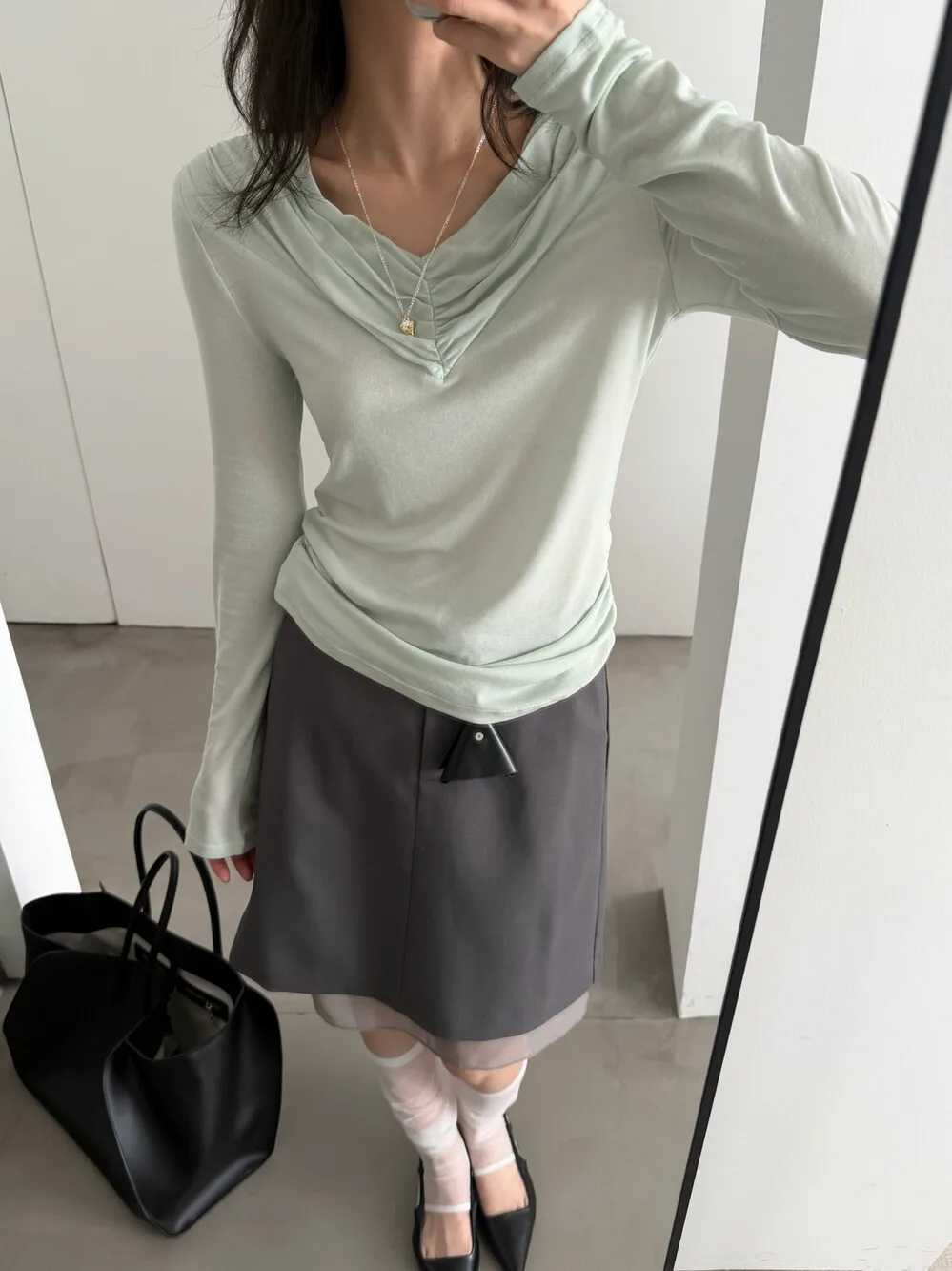 

Slimming Color V-Neck Woolen Top Korean Style Commute Fashion Women's Long Sleeve T-Shirt Pure Color Spring Autumn
