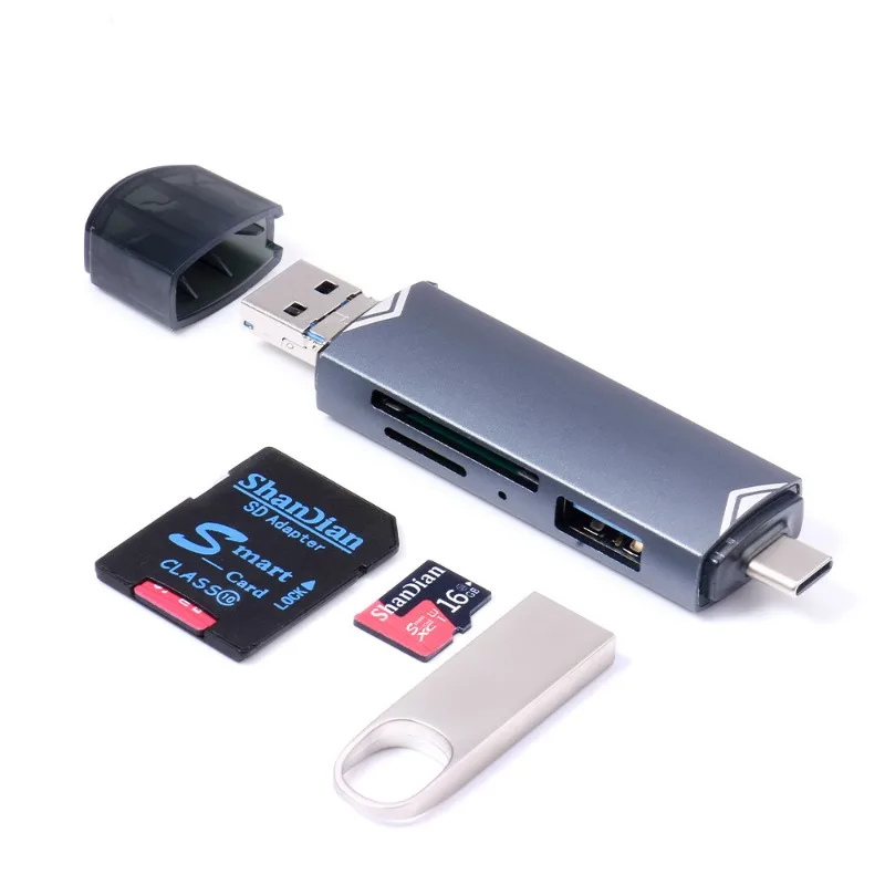 Mini Leitor de Cartão de Memória Preto, 6-em-1, Tipo-C, Armazenamento Externo, Leitor de Cartão Multifunções, Stretch for Memory Stick, USB 3.0