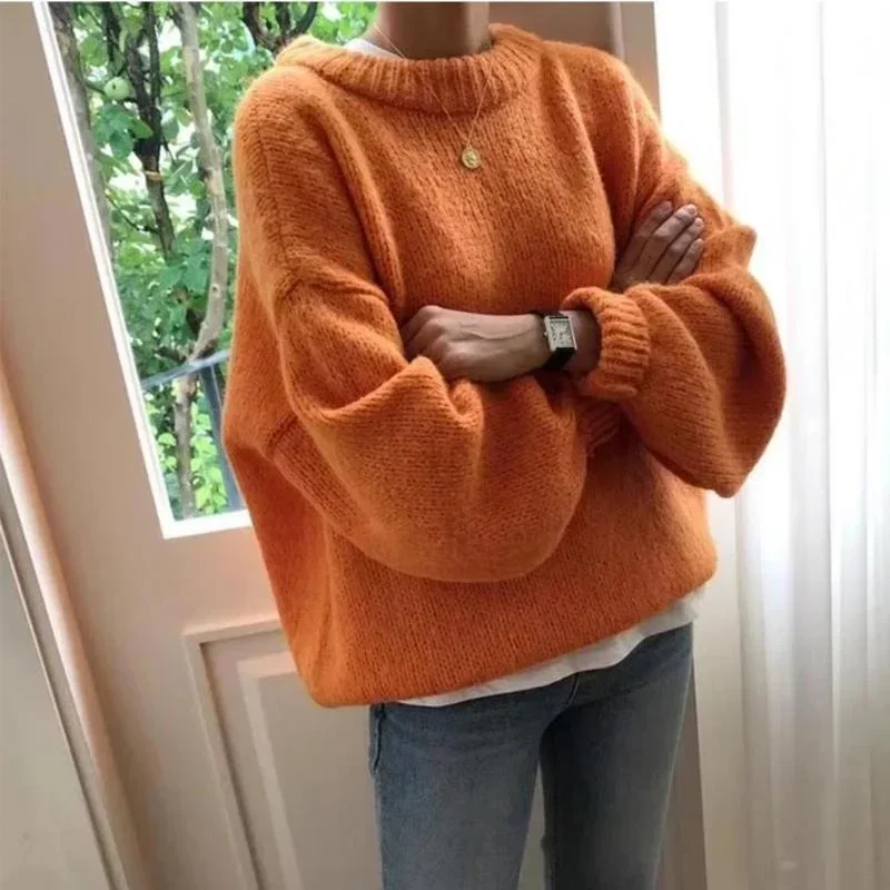 Women Jumpers 2021 Autumn Winter New Candy Color Sweater Korean Style Loose Thic Warm Knitted Pullover Orange Oversized Sweaters