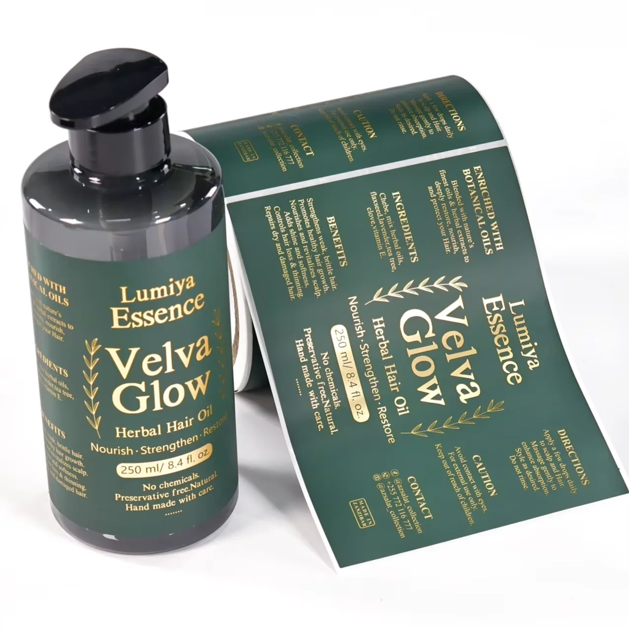 Custom Gold Foil Herbal Hair Oil Labels｜Matte Green｜Self-Adhesive Bottle Stickers