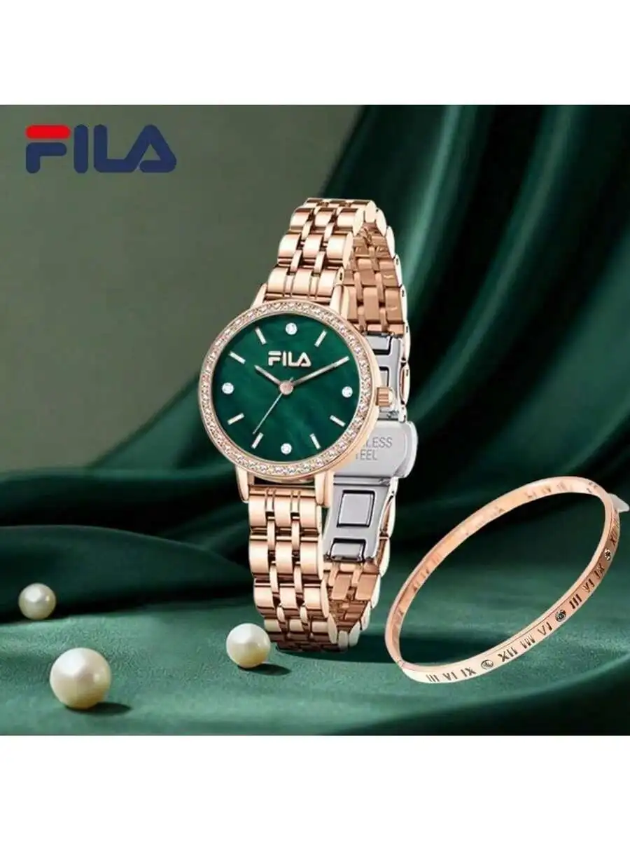 

Elegant Womens Quartz Watch With Crystal Bezel Green Dial Steel Bracelet