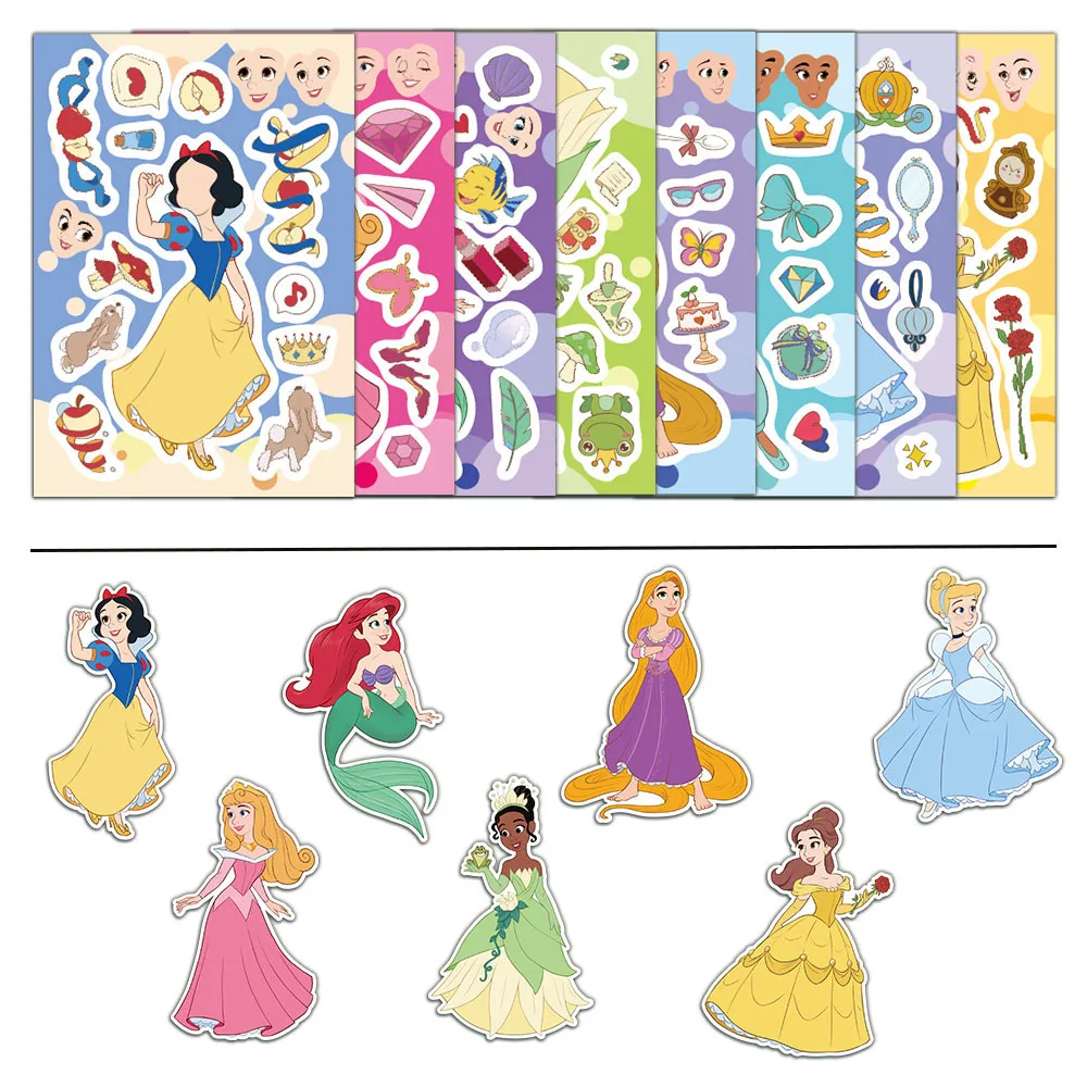 

Disney 8 листов/упаковка Make a Face принцесса лицо сменные наклейки мультяшные игрушки-головоломки водонепроницаемые для детей
