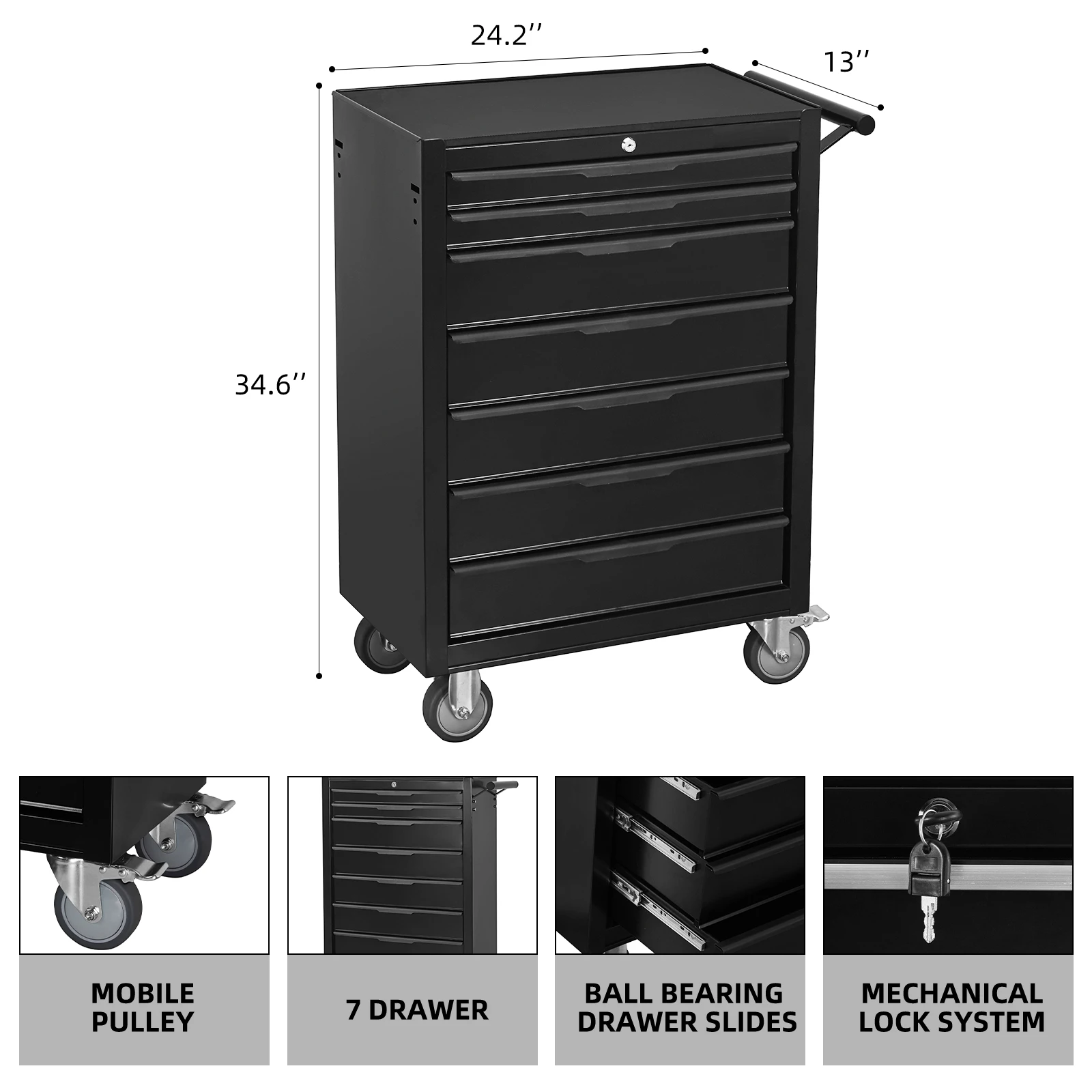 Black 7-Drawer Rolling Tool Chest Cabinet Large Capacity Metal Tool Box with Wheels and Cylinder Locking for Garage