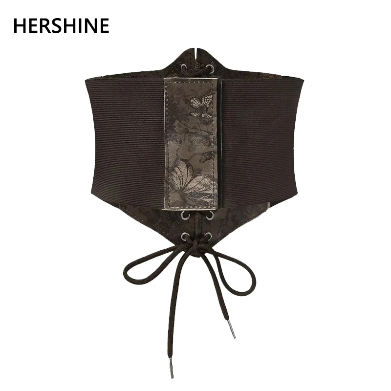 HERSHINE Women's Vintage Brown Elastic Wide Belt with Skull and Butterfly Pattern, Y2K Gothic and Harajuku Style，spring，summer