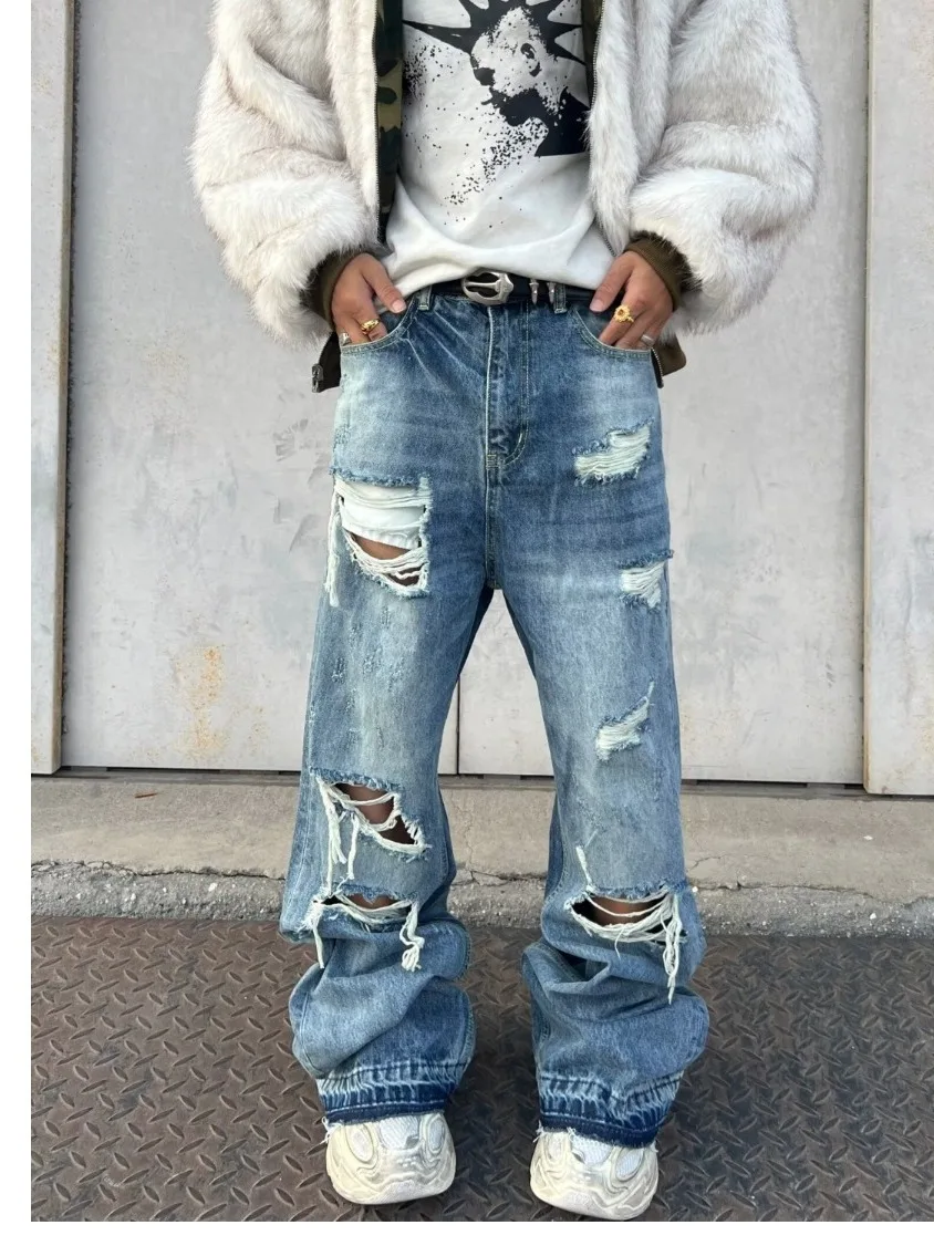 

Мужские расклешенные джинсы с ретро-американским узором и дырками, модные свободные повседневные широкие брюки длиной до пола