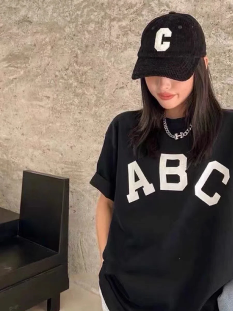 Man Summer New Style 100 Cotton T-shirt High Street  Letters ABC Print Short Sleeves Girl Round Collar Relaxed Leisure Tee