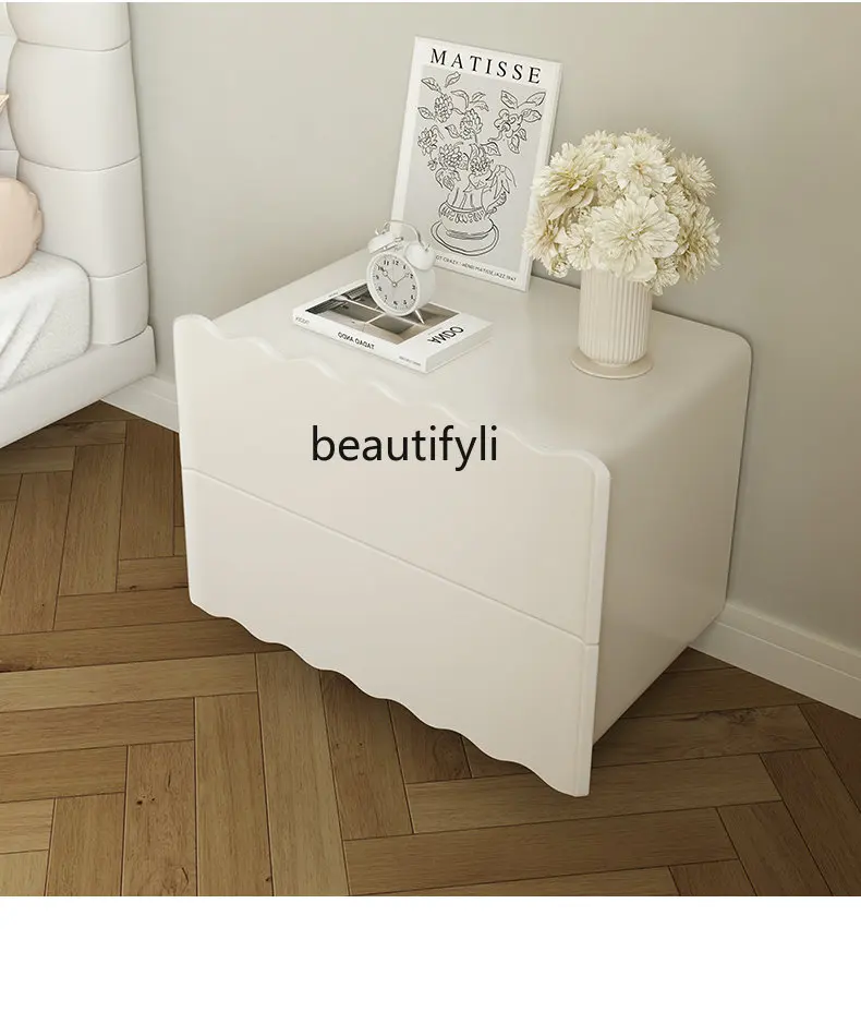 French Cream Style Bedside Table Wave Bedroom Bedside Table Modern Minimalist Solid Wood Paint