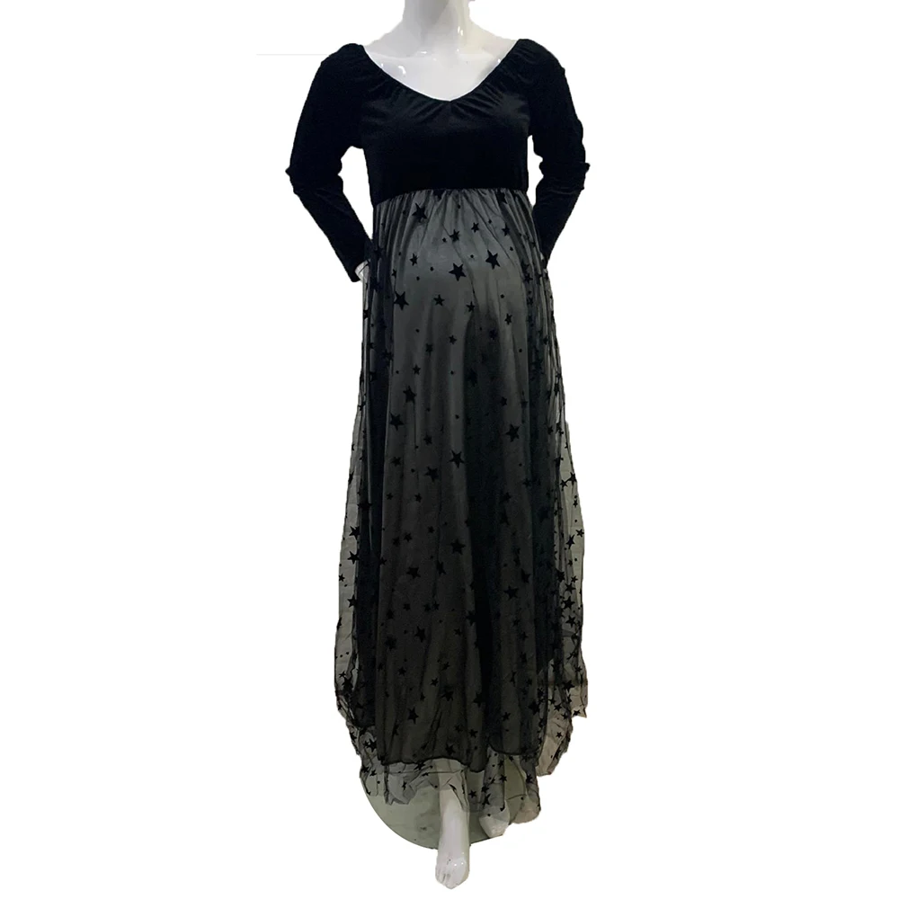 فستان حمل فاخر أسود مخملي لالتقاط الصور بدون أكتاف على شكل نجمة شبكية فستان ماكسي أنيق للحمل ملابس استحمام للأطفال #3