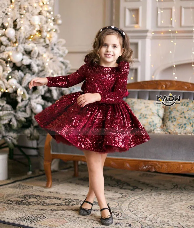 Autumn Winter New Arrival Long Sleeve Kids Red Sequin Fancy Prom Flower Girl Princess Gown Baby Birthday Party Dresses