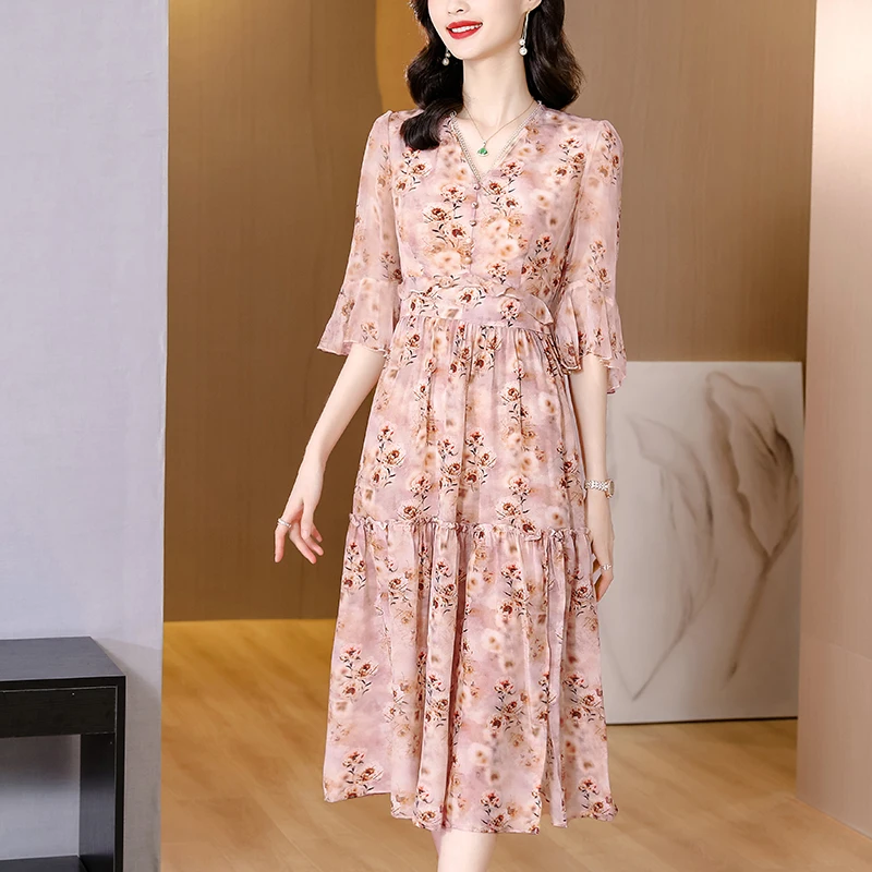 

2023 New Fashion Silk Printed Dress Women's Summer Elegant Silk Fragmented Flowers Loose Fit Leisure Vacation Vestidos