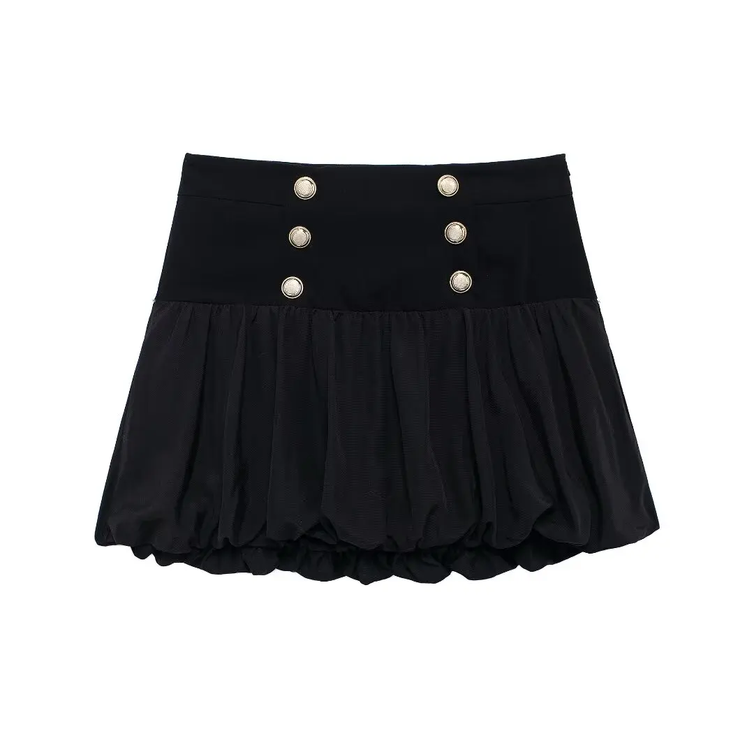 HH TRAF Women's Fashion Versatile Gold Button Decorated Balloon Mini Skirt Female Temperament Elegant Slim Pleated Short Skirt