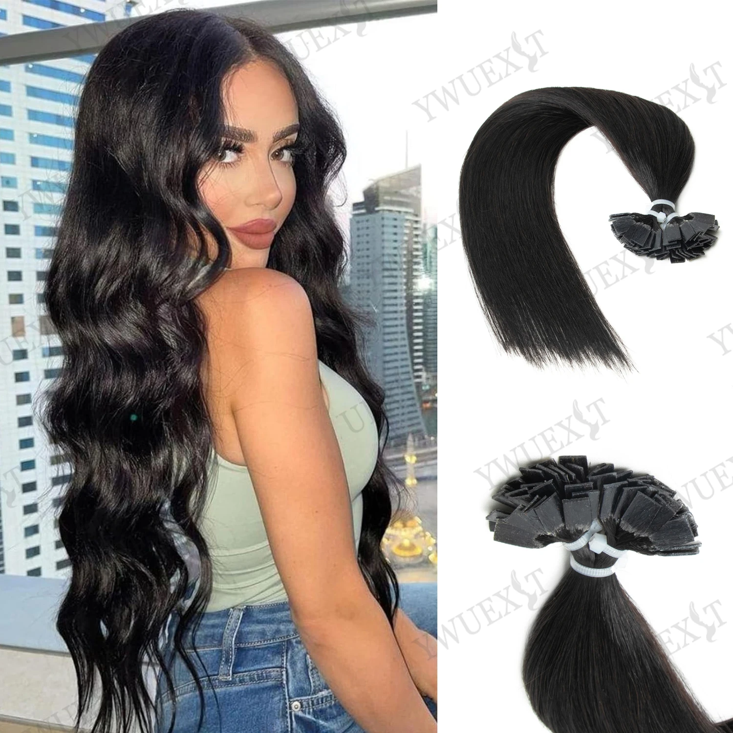 

Натуральные кератиновые пряди для наращивания плоским методом (флэт-тип) для термоклеевого крепления, длина 12-22 дюйма, 30 г, профессиональное качество для женщин