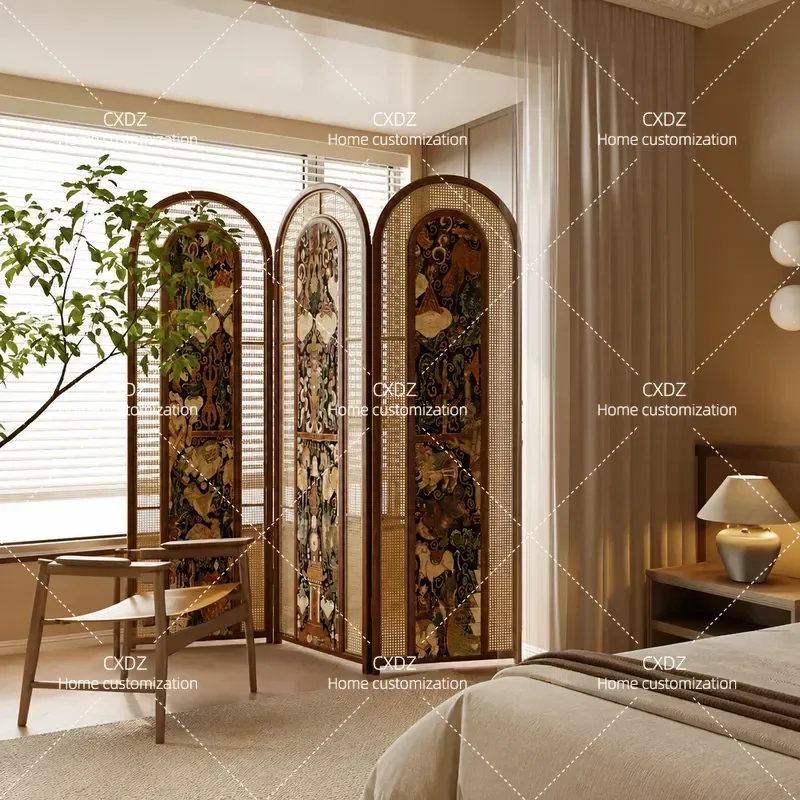 Rattan Screen Partition Solid Wood Folding Room Divider for Living Room Entryway Small Apartment Hotel Restaurant Mobile
