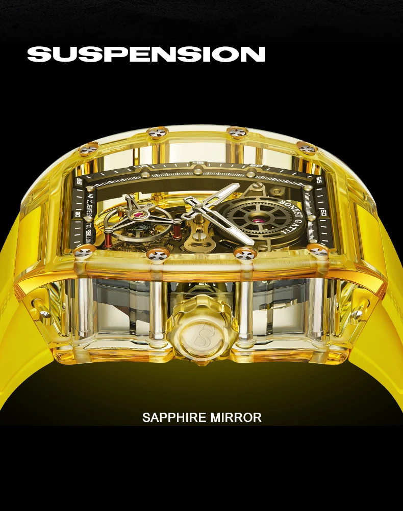 BONEST GATTI Mannen Tourbillon Horloge 50mm Tonneau Automatisch Mechanisch Horloge Acryl Case Lichtgevende Saffier Fluororubber Band