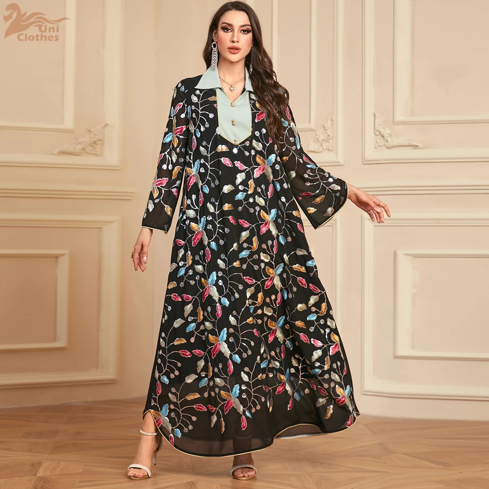 Uni Dubai Sequins Embroideried Abaya For Muslim Woman Lapel Collar Loose Moroccan Saudi Kaftan Elegant Casual Arab Robe