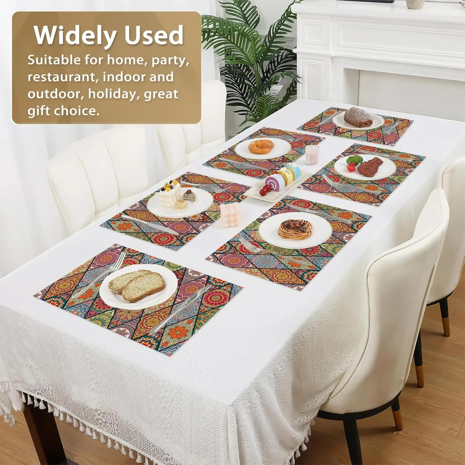 مجموعة من 6 مفارش بوهيمية ملونة قابلة للغسل وغير قابلة للانزلاق ومقاومة للحرارة وسميكة من الكتان المزخرف لطاولة الطعام والمنزل