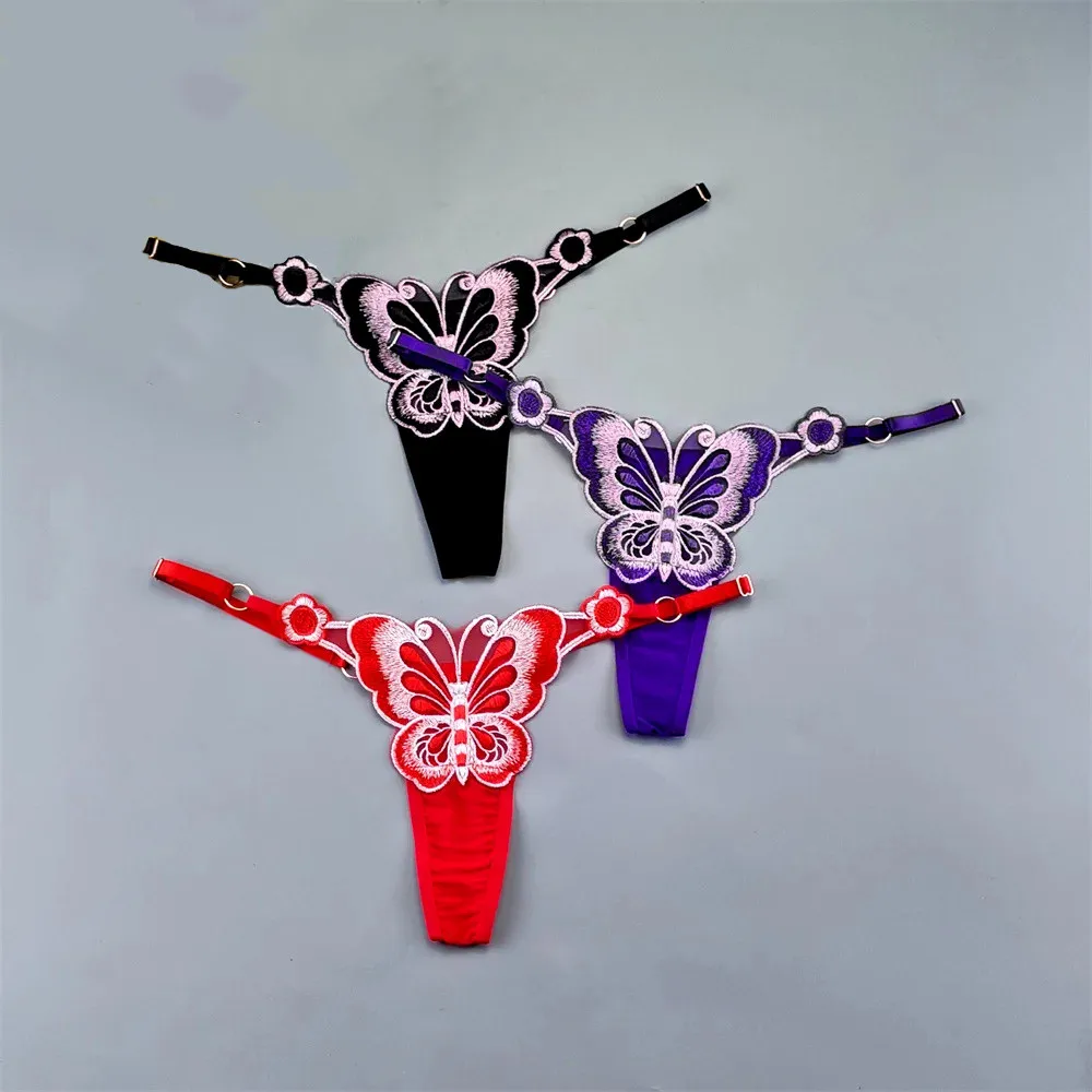 Tanga ajustable con espalda en T para mujer, bragas sexis de cintura baja, bragas de malla transparente con cuerdas G, bragas de mariposa, Culotte para mujer 3 uds.
