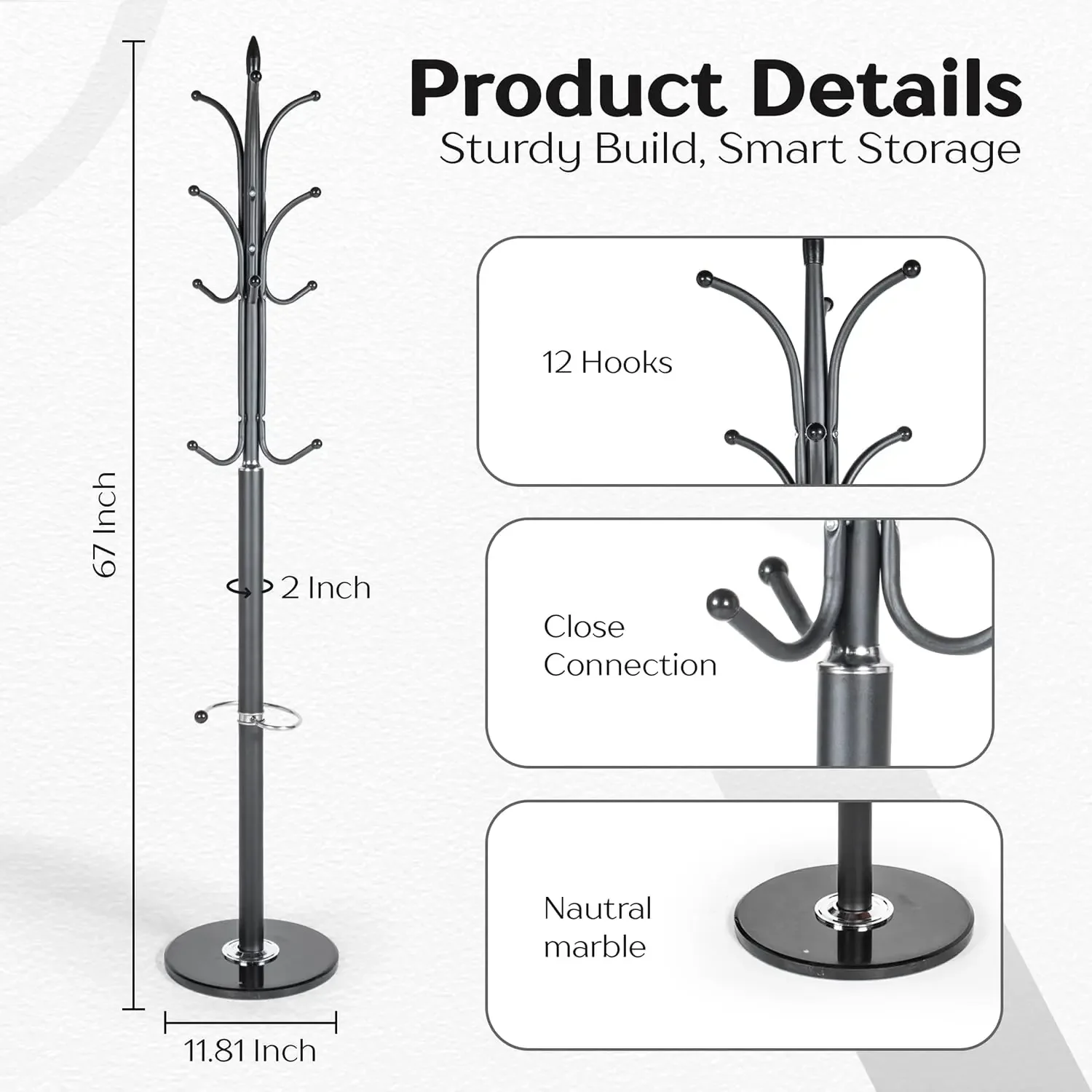 Modern Metal Coat Rack with Sturdy Natural Marble Base for Coat, Jacket, Hat, Cloths, Bags - Freestanding Coat Stand with 12