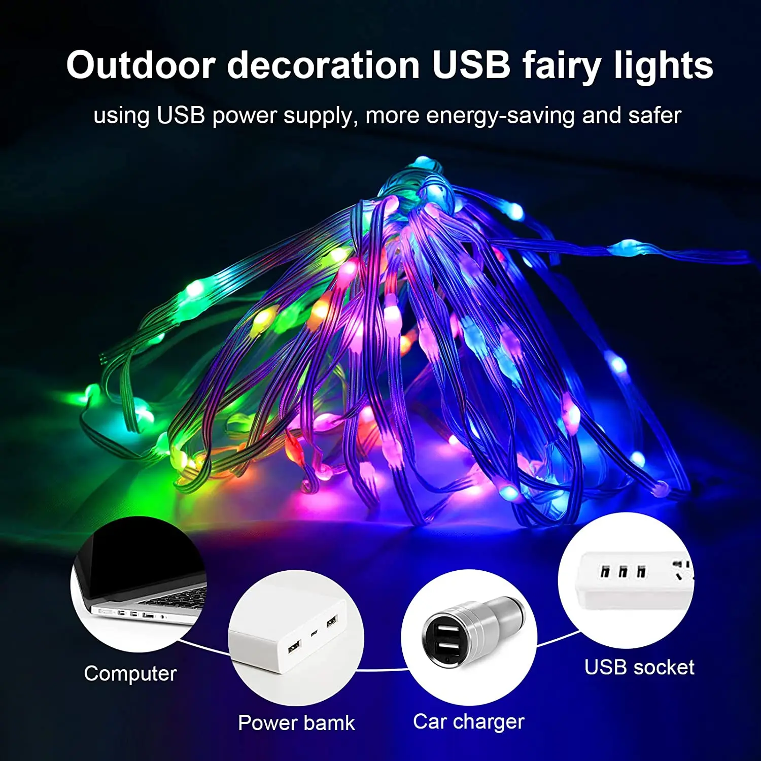 Guirxiété lumineuse LED RVB pour sapin de Noël, contrôle Bluetooth intelligent, USB, lampe à cordes, extérieur, application, télécommande,