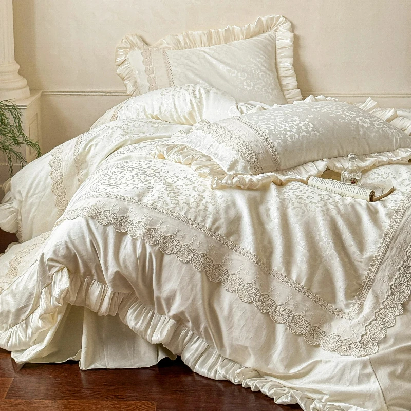Romantic All Cotton Jacquard Long Staple Cotton 4-piece Set with Lace Edges Pure Cotton Bed Sheets High-end Bedding for Bedrooms
