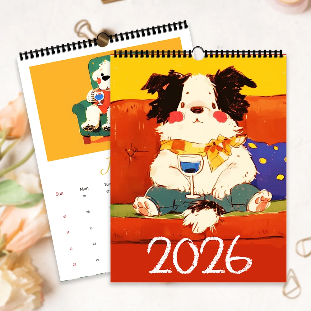 

1pc 2026 Wall Calendar, Cartoon Hand-Drawn Dog Theme,12 Beautiful Designs, Perfect Gift for Birthdays, Christmas, New Year