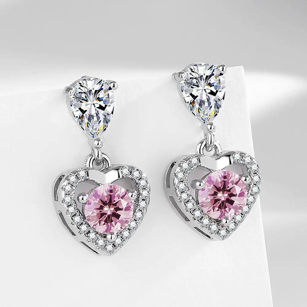 

925 Sterling Silver Earrings Heart Shaped Pink Zircons Earrings Ladies Fashion Simple Birthday Wedding Anniversary Jewelry Gift