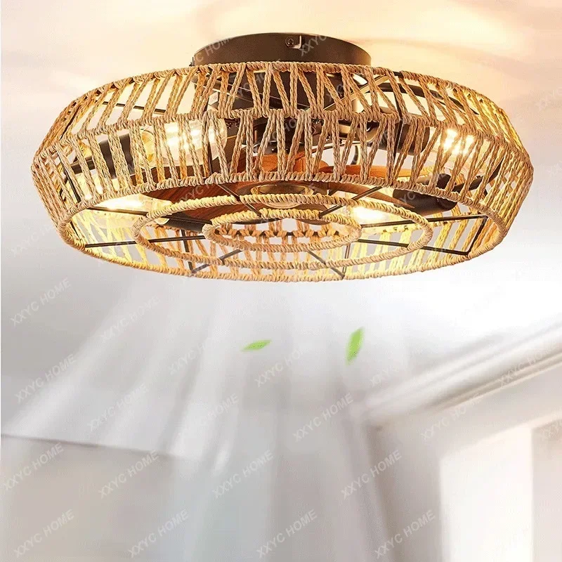 Modern Rattan Fan Ceiling Light for Bedroom Home Indoor Decoration Ceiling Lamp with Fan for Dinning Room/Study Room