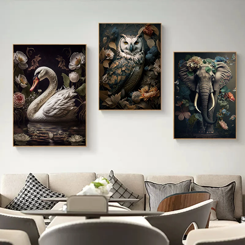 Abstract Animals In Jungle Flowers Posters Canvas Painting Tucan Bird Owl Lion Monkey Wall Art For Living Room Home Decor