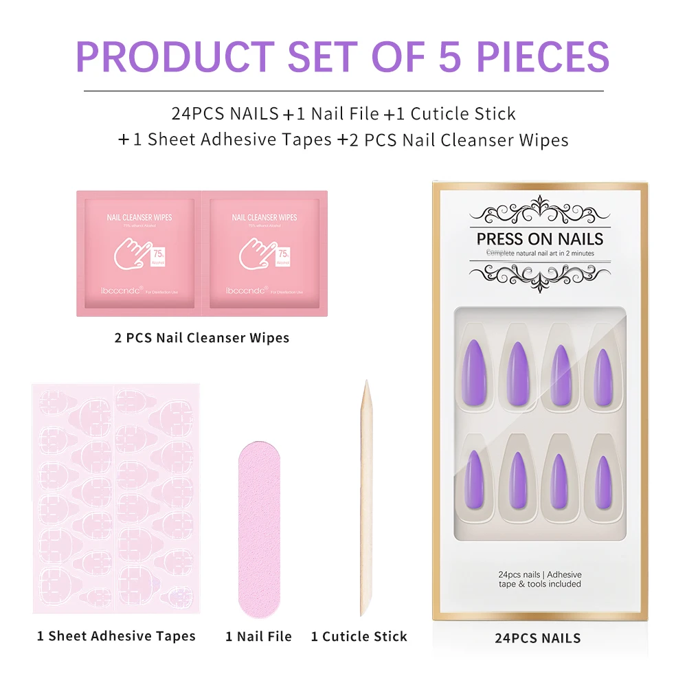 

24pcs Full Cover Wearable Press Fake Nails Art Stiletto Free Gift Glue Sticker Tip Wearing False Manicure Patch with Tools