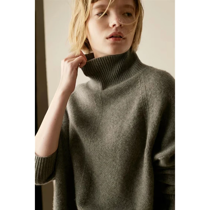 Autumn and Winter High Collar 100% Pure Cashmere Sweater Women\'s Thickened Solid Sweater Loose Lazy Versatile Knitted Underlay