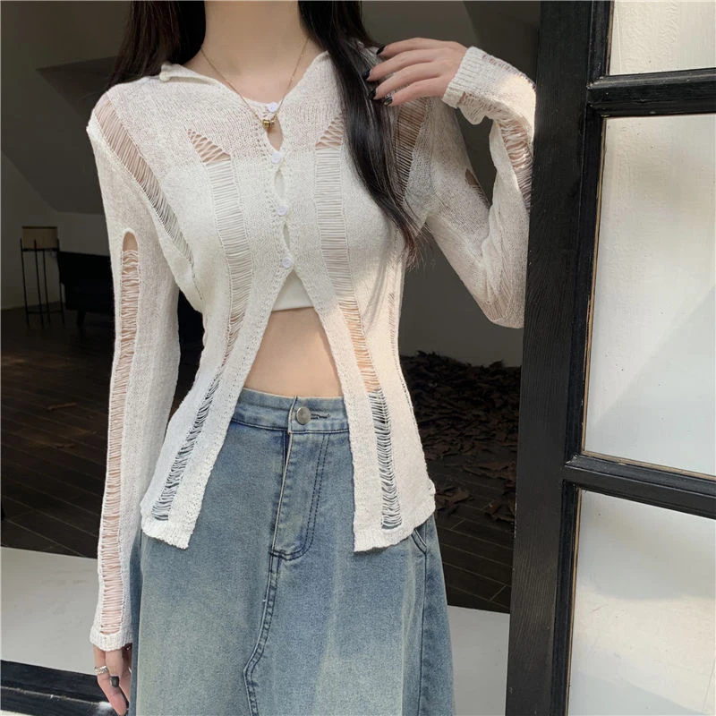 Y2K Hole Knit Cardigan Women Streetwear Sexy Hollow Out Black Crop Sweater Summer Korean Long Sleeve Knitwears Thin Jumpers Tops